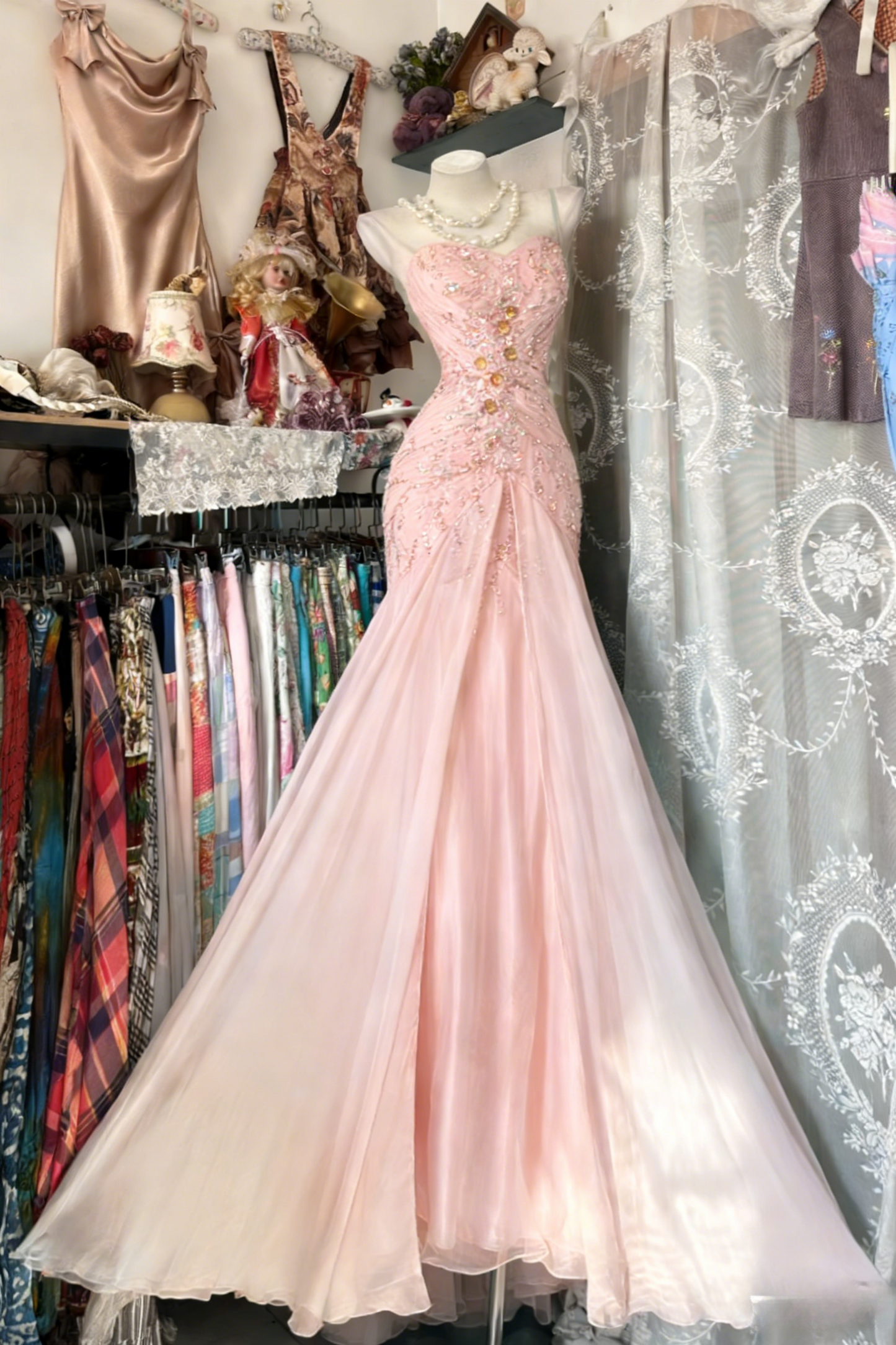 Gorgeous Sheath Blue Long Prom Dress Beaded Chiffon One-shoulder Evening Dress Sleeveless Birthday Dress ED06385