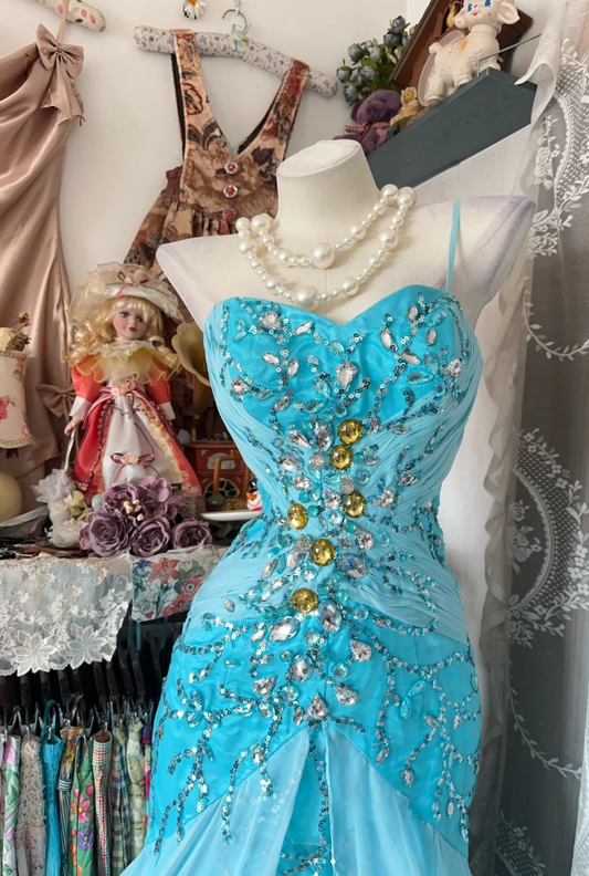 Gorgeous Sheath Blue Long Prom Dress Beaded Chiffon One-shoulder Evening Dress Sleeveless Birthday Dress ED06385