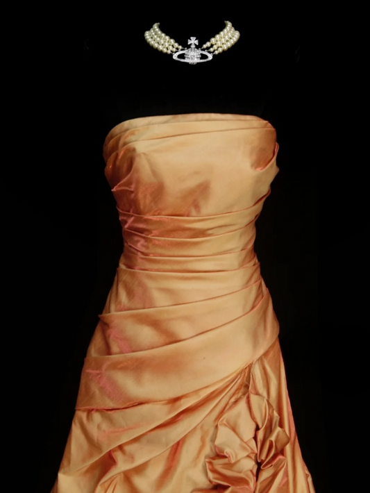 Gorgeous Sheath Orange Long Prom Dress Satin Strapless Evening Dress Sleeveless Birthday Dress ED06386