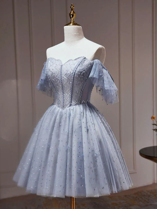 Tulle Dusty Blue Short Prom Dress, Dusty Blue Homecoming Dress HZ1024