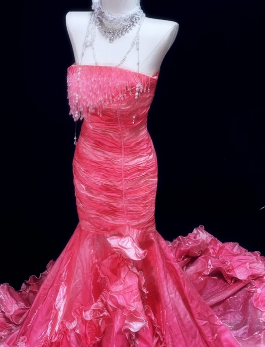 Gorgeous Mermaid Pink Long Prom Dress Tulle Strapless Evening Dress Sleeveless Sweet 16 Dress ED06422