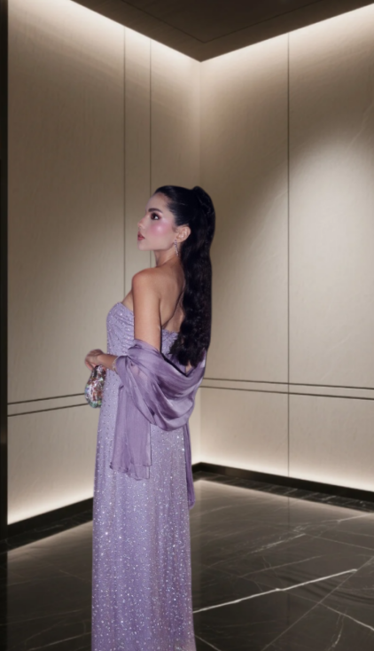 Glitter Sheath Purple Long Prom Dress Beaded Tulle Strapless Evening Dress ED06425