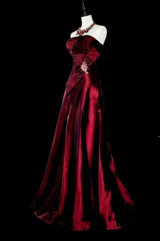 Elegant A-Line Burgundy_ Long Prom Dress Satin Strapless Evening Dress Sleeveless Party Dress ED06433