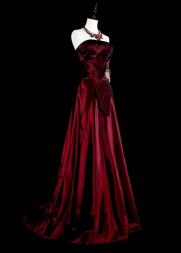 Elegant A-Line Burgundy_ Long Prom Dress Satin Strapless Evening Dress Sleeveless Party Dress ED06433