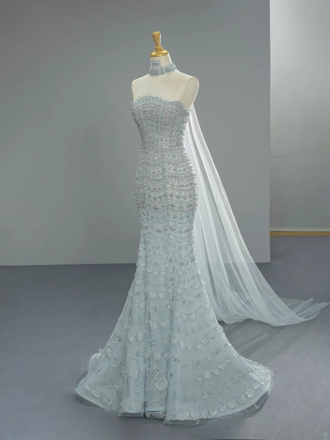 Chic Mermaid ice Blue Long Prom Dress Beaded Tulle Strapless Evening Dress Sleeveless Birthday Dress ED06480