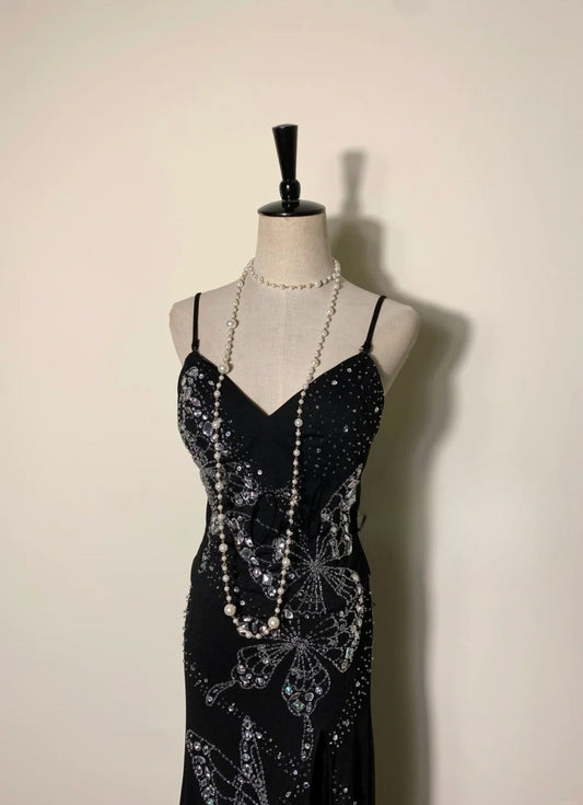 Chic Two-Piece Black Long Prom Dress Chiffon Beaded Sheath Evening Dress Sleeveless Formal Dress ED06488