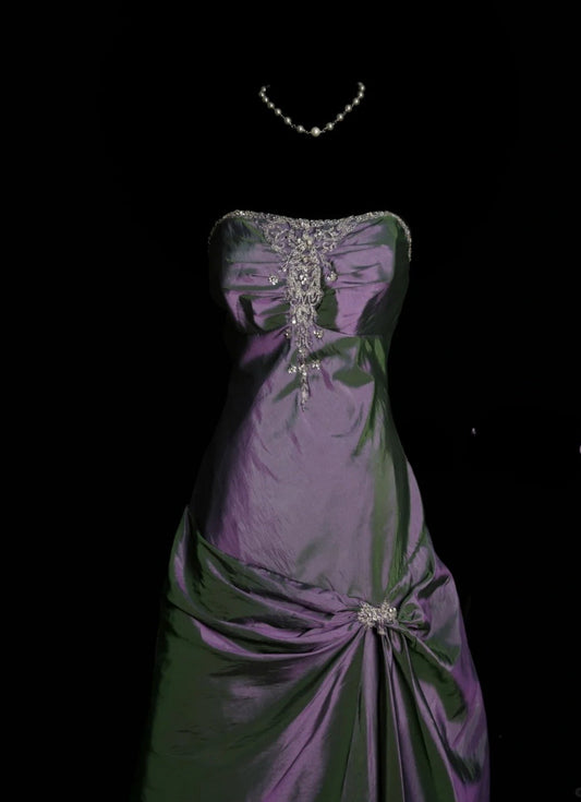 Chic Purple Long Prom Dress Satin Applique A-Line Birthday Dress Strapless Sleeveless Formal Dress ED06491