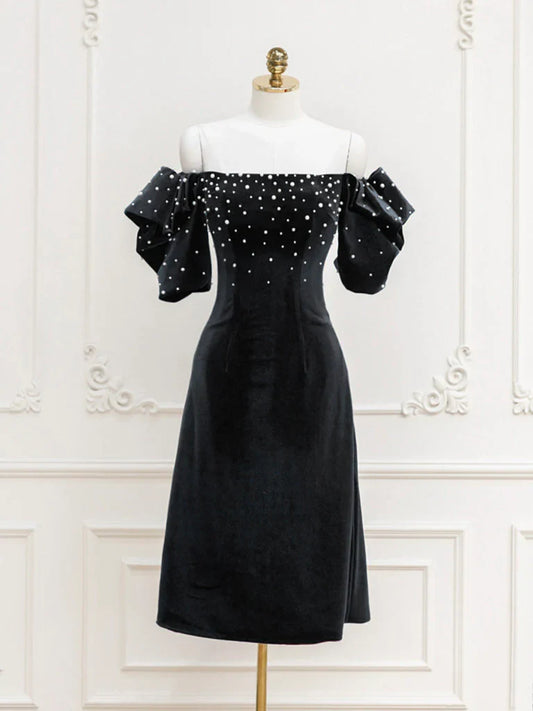 Black Velvet off-the-shoulder Beads Short Prom Dress, Black Evening Dress ED0649