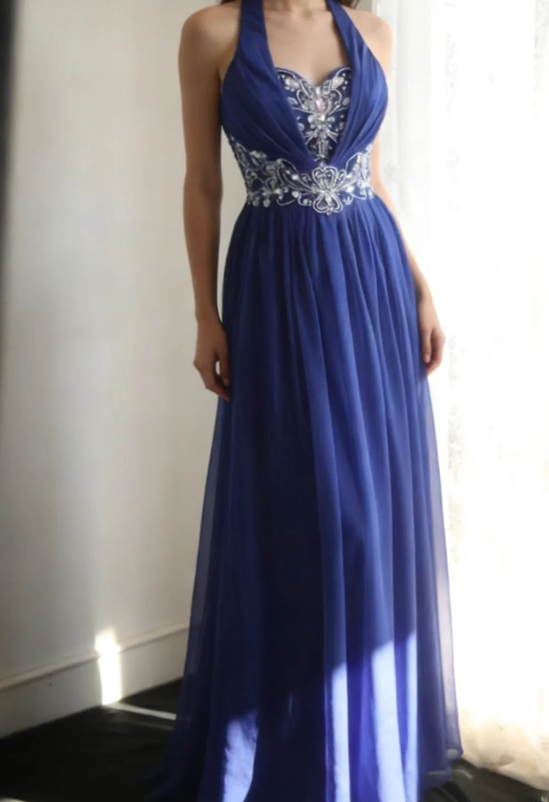 Vintage Blue Long Prom DressBeaded Chiffon A-Line Evening Dress Halter Sleeveless Party Dress ED06505