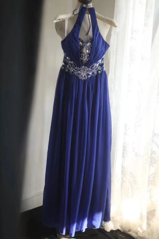 Vintage Blue Long Prom DressBeaded Chiffon A-Line Evening Dress Halter Sleeveless Party Dress ED06505