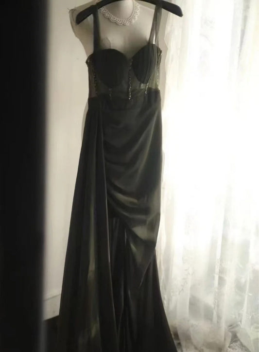 Vintage Green Long Prom Dress Chiffon Sheath Slit Evening Dress Straps Sleeveless Party Dress ED06506