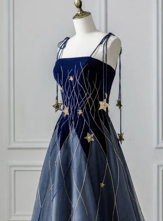 Cute Navy Blue Long Prom Dress Velvet Spaghetti Straps A-Line Evening Gowns Sleeveless Birthday Dress ED06512