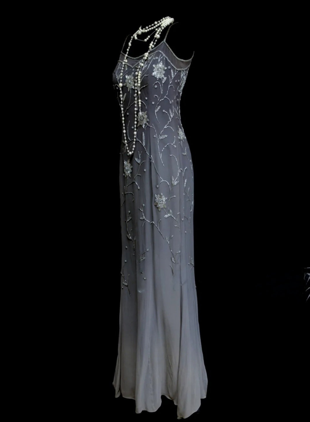 Chic Gradient Gray Long Prom Dress Beaded Chiffon Sheath Evening Gowns Spaghetti Straps Sleeveless Birthday Dress ED06524