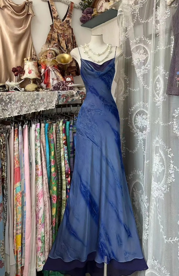 Chic Gray Blue Long Prom Dresses Spaghetti Straps Sheath Evening Dress Chiffon Sleeveless Formal Dress ED06534