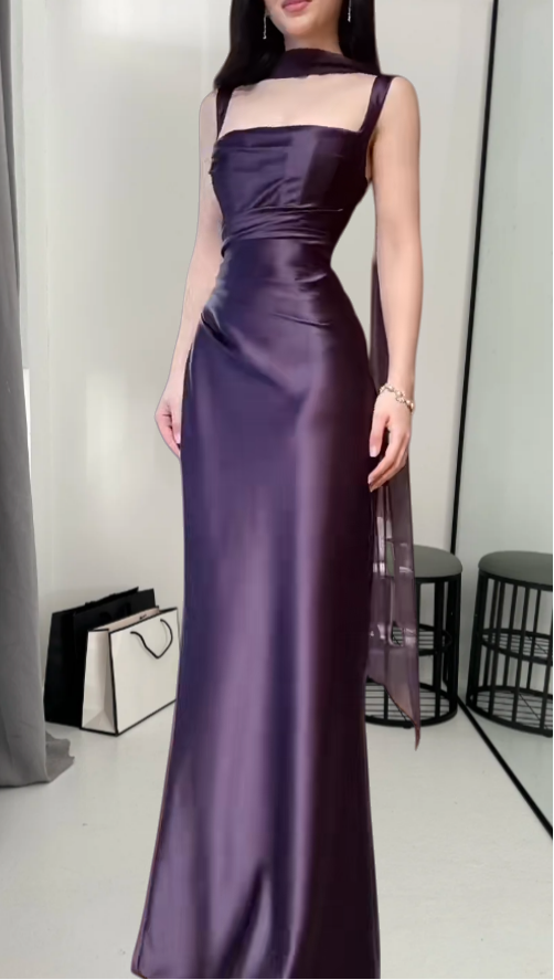 Glam Grape Long Prom Dresses Satin Straps Sheath Evening Dress Sleeveless Formal Dress ED06548