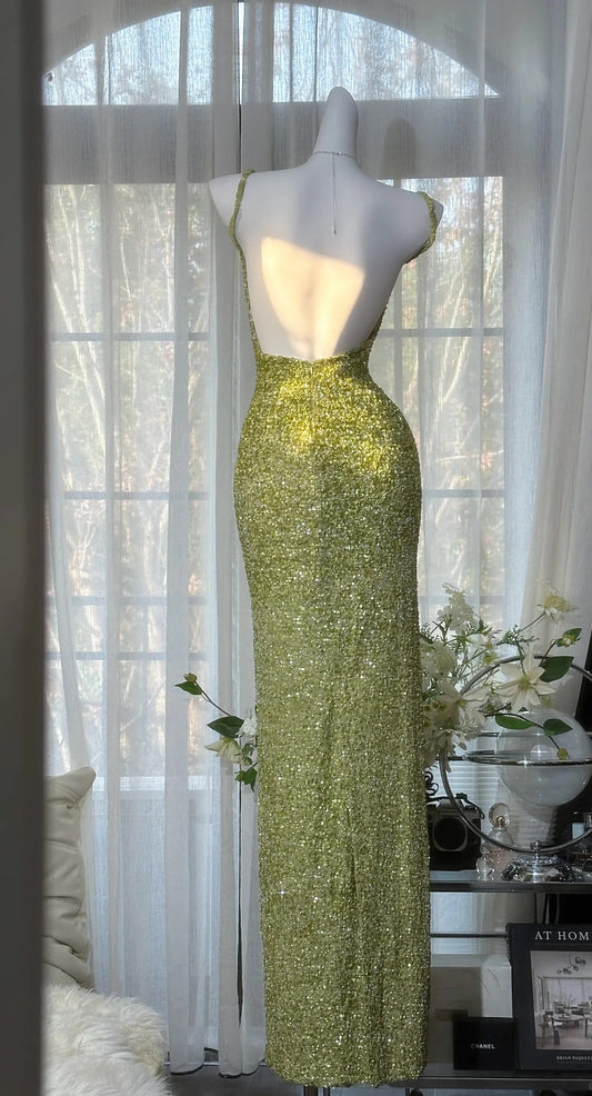 Glam Green Long Prom Dresses Beaded Chiffon Spagetti Straps Sheath Evening Dress Sleeveless Formal Dress ED06549