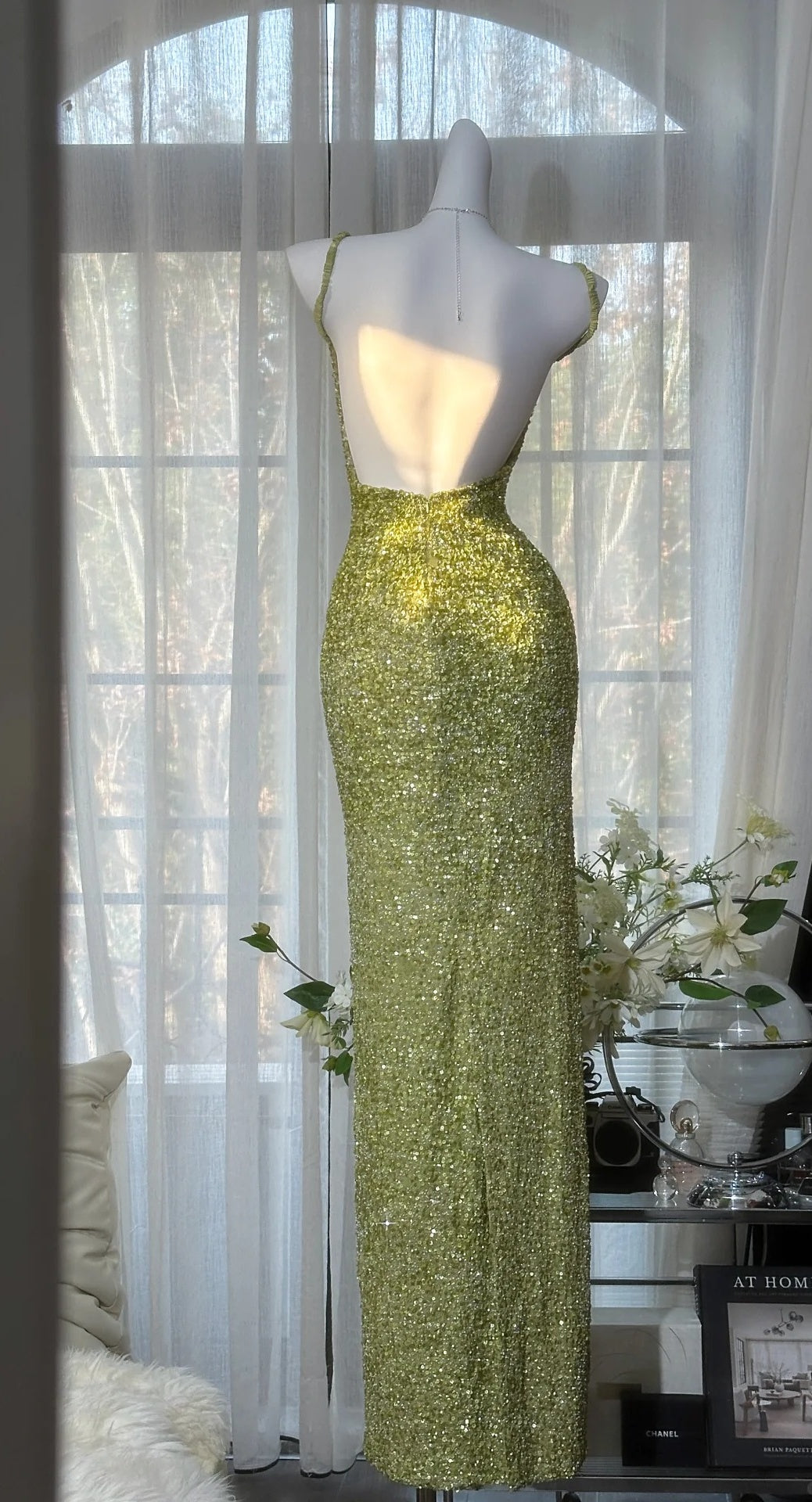 Glam Green Long Prom Dresses Beaded Chiffon Spagetti Straps Sheath Evening Dress Sleeveless Formal Dress ED06549