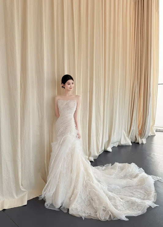 Modest Sheath Long Wedding Dresses Strapless Tulle White Bridal Gowns Beaded Sleeveless Bridal Dress ED06554