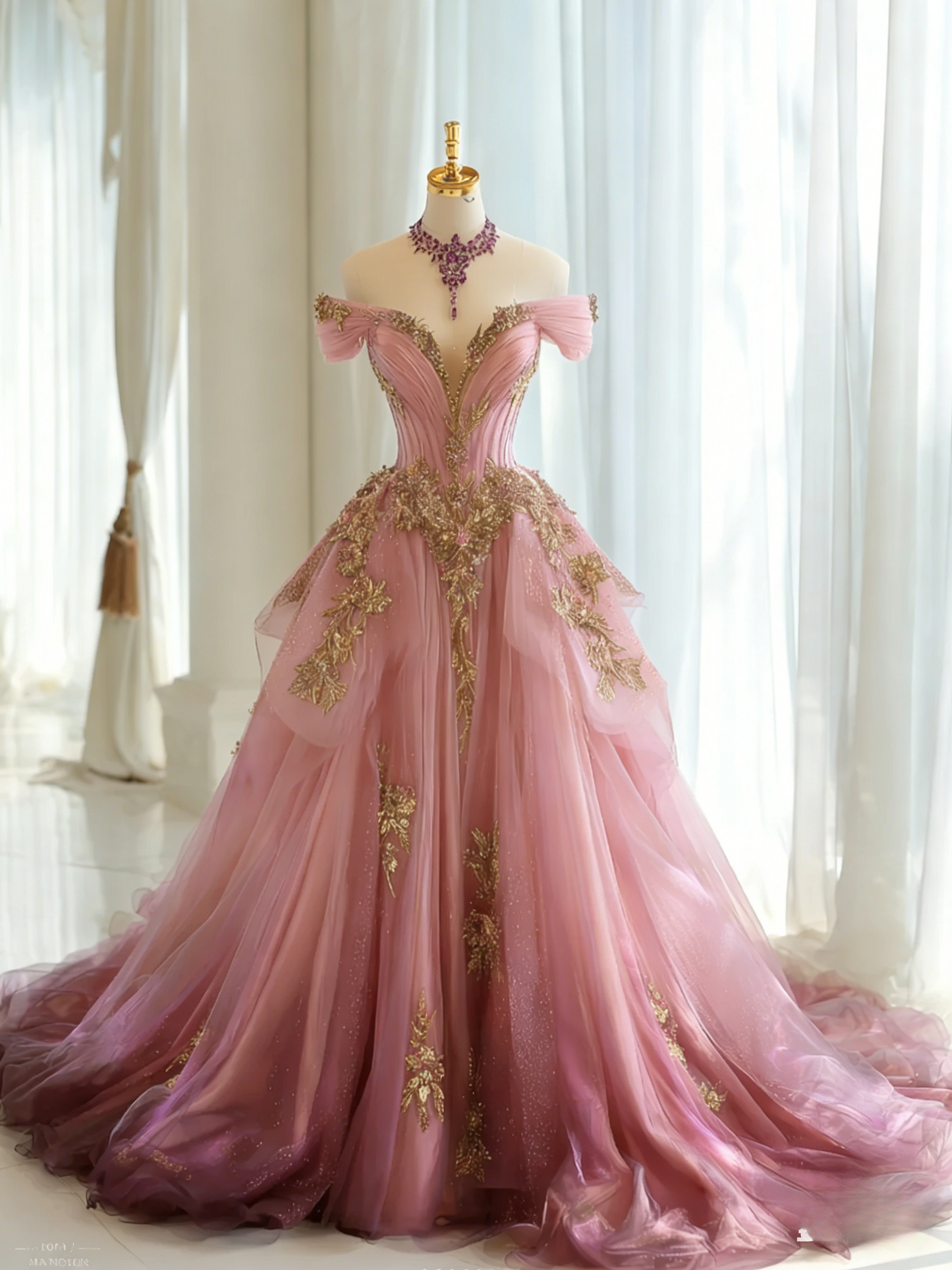 Elegant Pink Long Prom Dresses Beaded Tulle A-Line Quinceanera Dress Off-shoulder Sweet 16 Dress ED06559