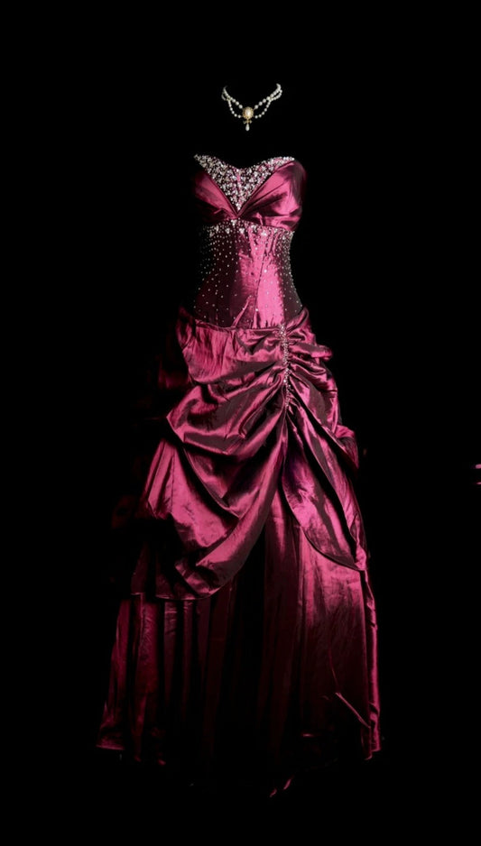 Elegant Burgundy Long Prom Dresses Beaded Satin A-Line Evening Dress Strapless Sweet 16 Dress ED06560
