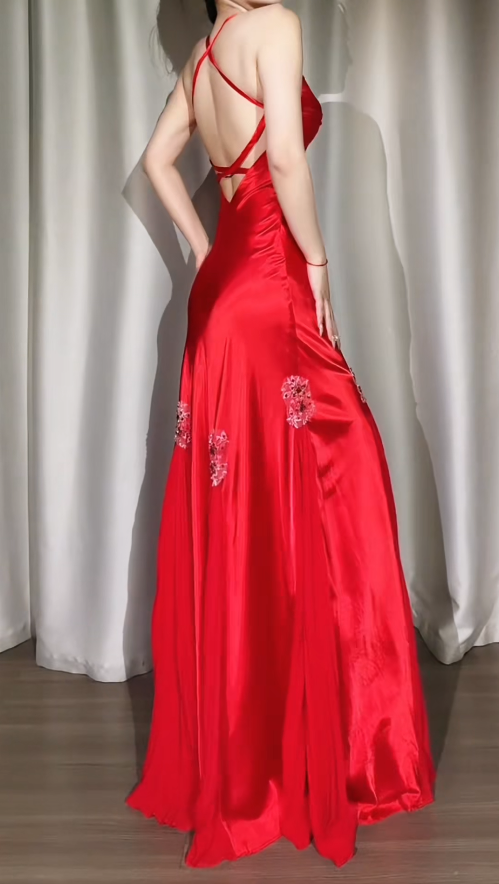 Elegant Red Long Prom Dresses Beaded Satin Sheath Evening Dress with Open Back ED06562