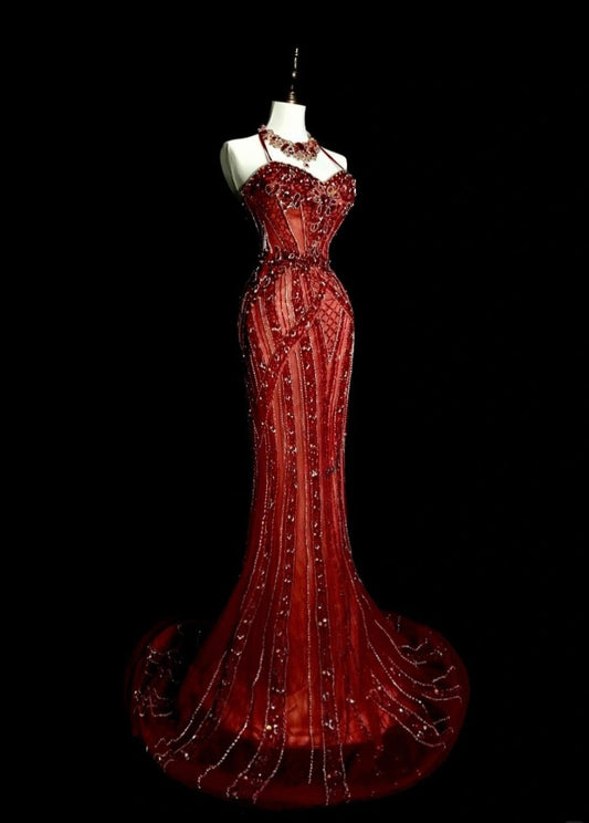 Chic Burgundy Long Prom Dress Tulle Halter Mermaid Evening Dress Sleeveless Birthday Dress ED06593