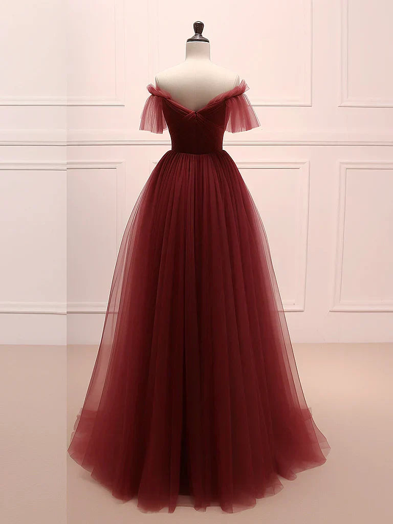 Burgundy Tulle Long Prom Dress, Burgundy Long Evening Dress HZ1024