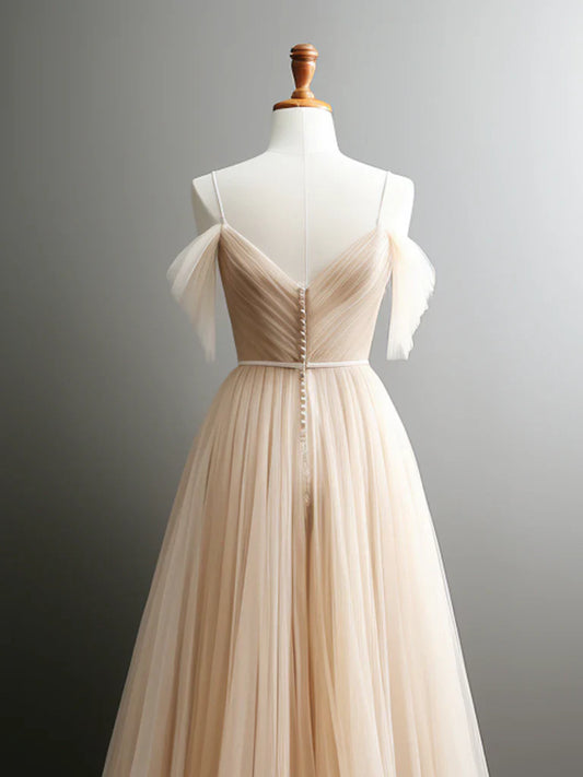 A-Line Off Shoulder Champagne Tulle Long Prom Dress, Champagne Long Evening Dress ED0661