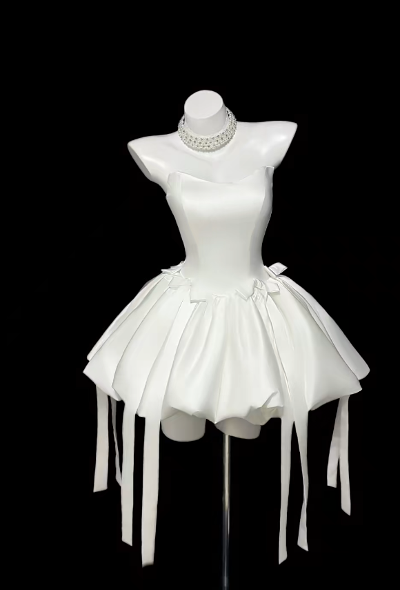 Cute White Short Prom Dress Satin Strapless A-Line Birthday Dress Sleeveless Party Dress ED06623