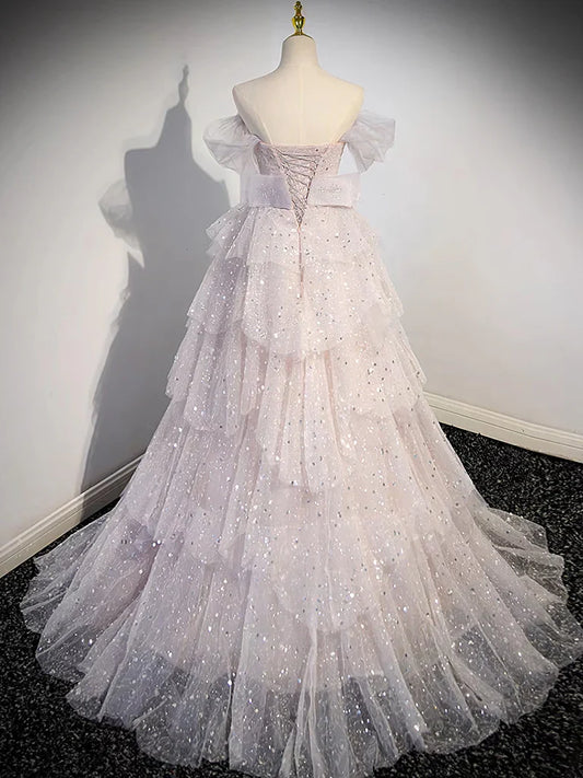 A-line Off Shoulder Tulle Sequin Light Pink Long Prom Dress,Sequin Long Evening Dress ED0663