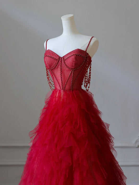 A-Line Sweetheart Neck Tulle Beads Burgundy Long Prom Dress, Burgundy Evening Dress ED0665