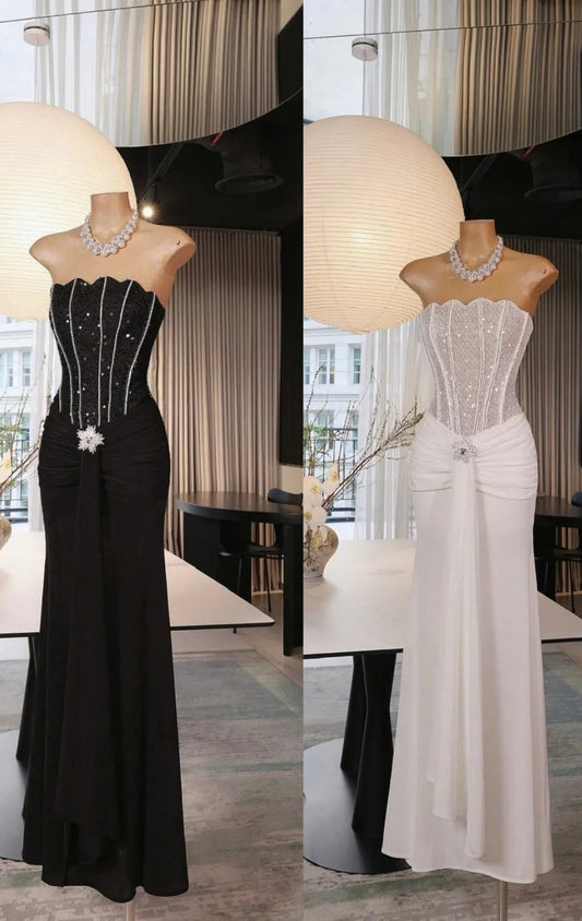 Chic Black Long Prom Dress Satin Sequins Strapless Sheath Evening Dress Sleeveless Formal Dress ED06651