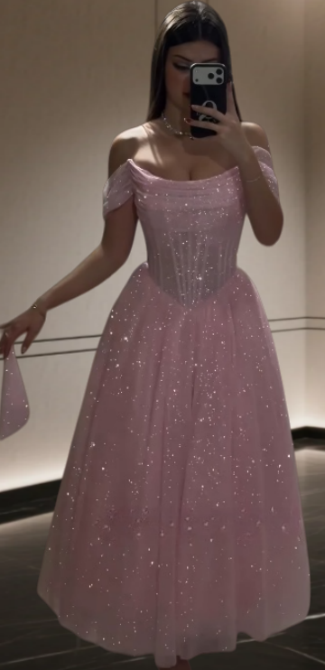 Glitter Pink Long Prom Dress Tulle Off-shoulder A-Line Evening Dress ED06654