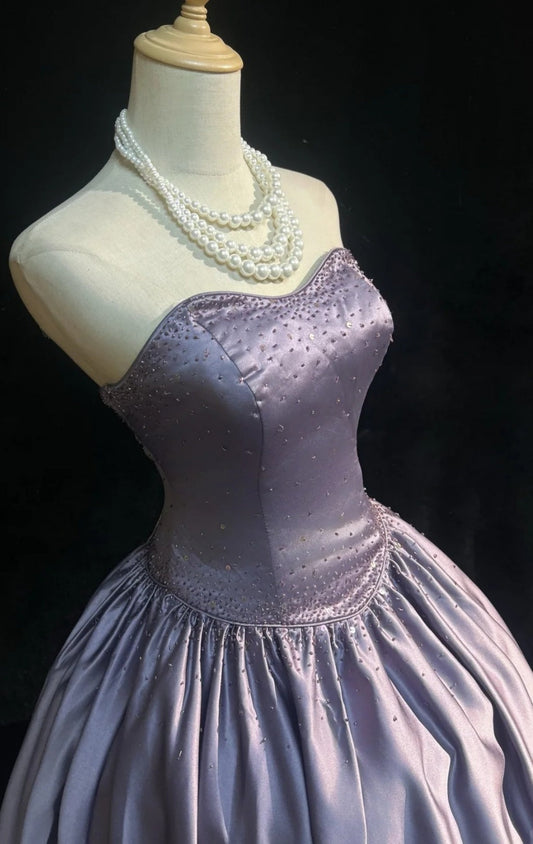 Cute Purple Long Prom Dress Satin Strapless A-Line Evening Dress Sleeveless Birthday Dress ED06655