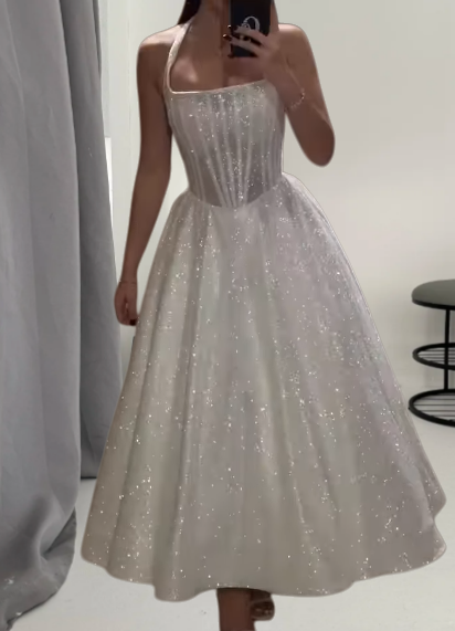Glitter White Long Prom Dress Halter A-Line Evening Dress Tulle Sleeveless Birthday Dress ED06667