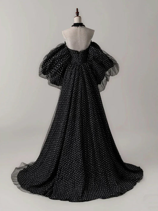 A- Line Tulle Long Prom Dress, Black Long Formal Dress HZ1024