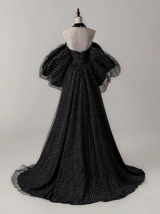 Black A- Line Tulle Long Prom Dress, Black Long Formal Dress ED0667