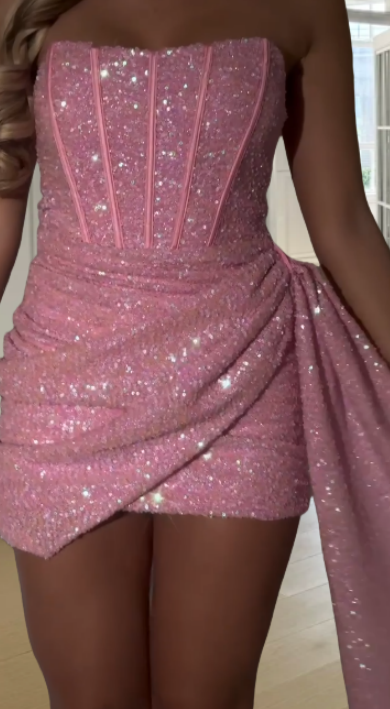 Cute Strapless Pink Short Prom Dress Sheath Party Dress Sequins Sleeveless Birthday Dress ED06674