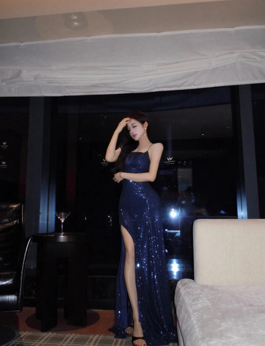Sexy Navy Blue Long Prom Dress Sequins Sheath Evening Dress Slit Sleeveless Birthday Dress ED06677