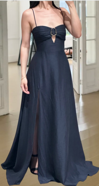 Sexy Spaghetti Straps Blue Long Prom Dress Satin A-Line Evening Dress Slit Sleeveless Birthday Dress ED06678