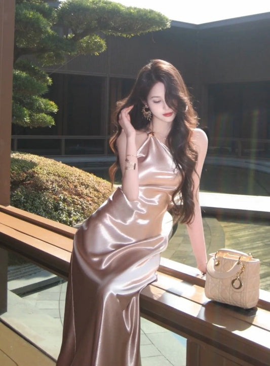 Sexy One-shoulder Champagne Pink Long Prom Dress Satin Sheath Evening Dress Sleeveless Birthday Dress ED06683