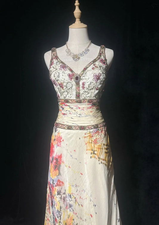 Chic V-neck Floral Long Prom Dress Satin Sheath Evening Dress Sleeveless Birthday Dress ED06699