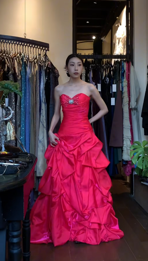 Chic Strapless Pink Long Prom Dress Satin A-Line Evening Dress Sleeveless Birthday Dress ED06700