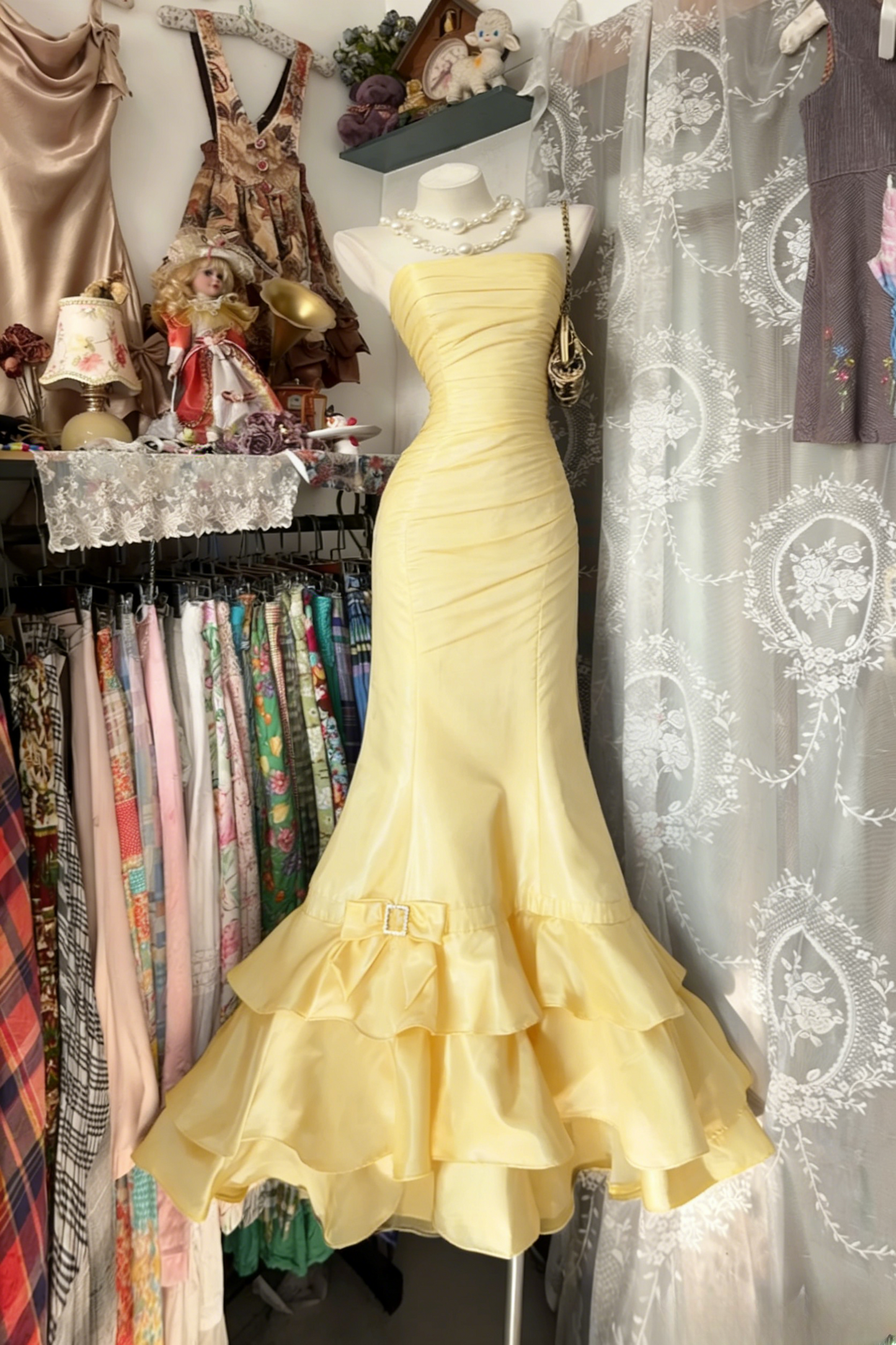 Yellow Prom Dresses Mermaid Long Vintage Evening Dress Satin Strapless Birthday Dress ED06719