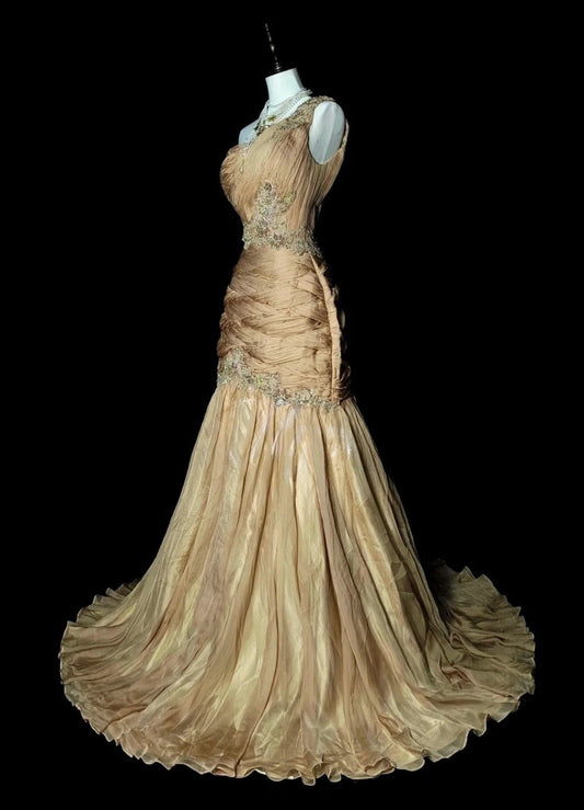 Vintage Champagne Prom Dresses One-shoulder Sheath Long Evening Dress Pleated Tulle Sleeveless Formal Dress ED06739