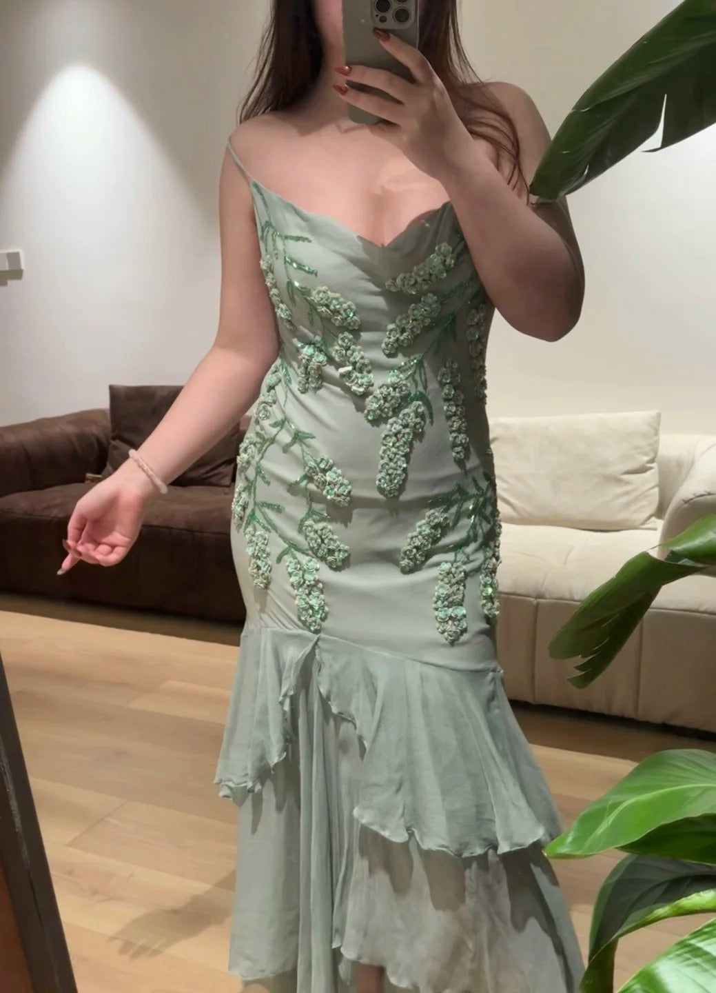 Vintage Green Prom Dresses Spaghetti Straps Sheath Long Evening Dress Beaded Chiffon Sleeveless Birthday Dress ED06746