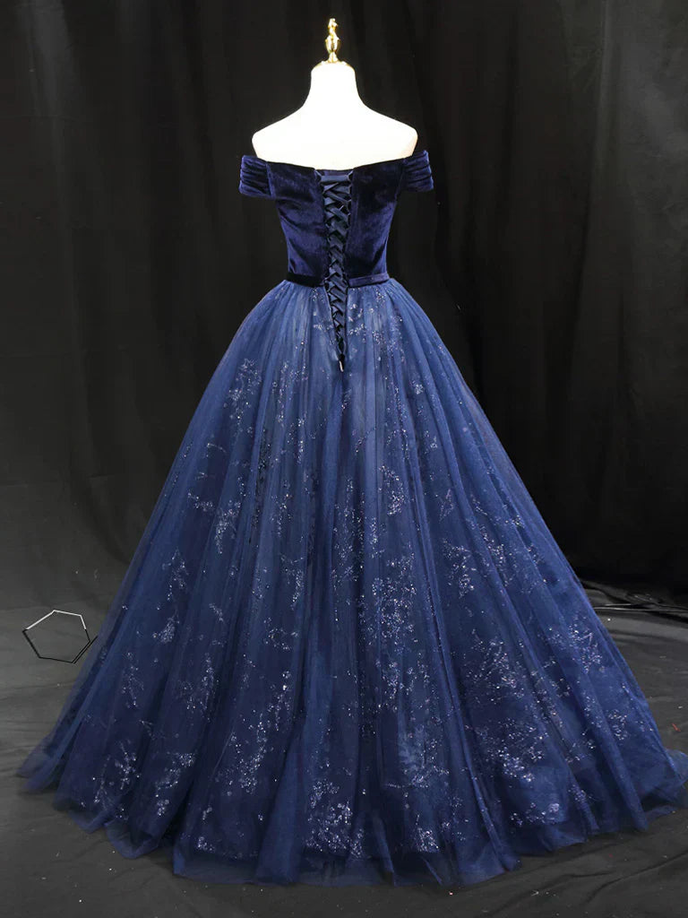 Blue Tulle velvet Long Prom Dress, Blue Formal Evening Dress HZ1024