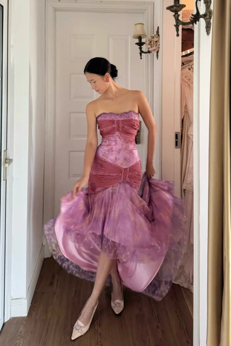 Fairy Pink Prom Dress Strapless Sheath Evening Dress BeadedTulle Sleeveless Birthday Dress ED06763