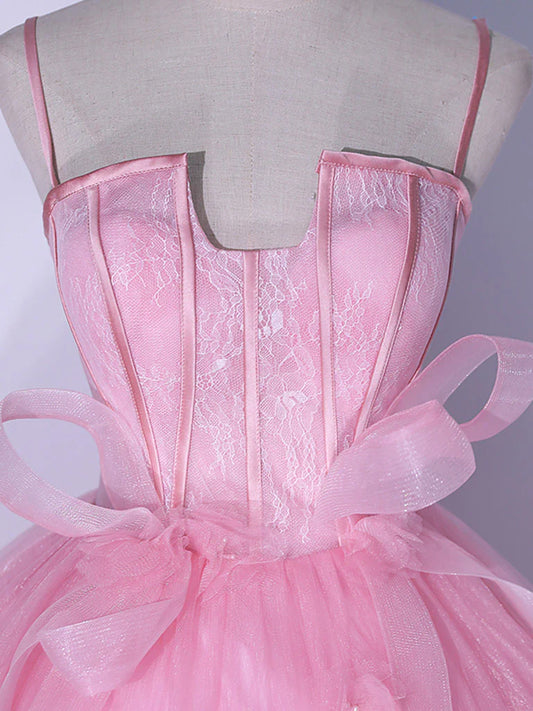 Pink A-Line Tulle Lace Long Prom Dresses, Pink Sweet 16 Dress ED0677