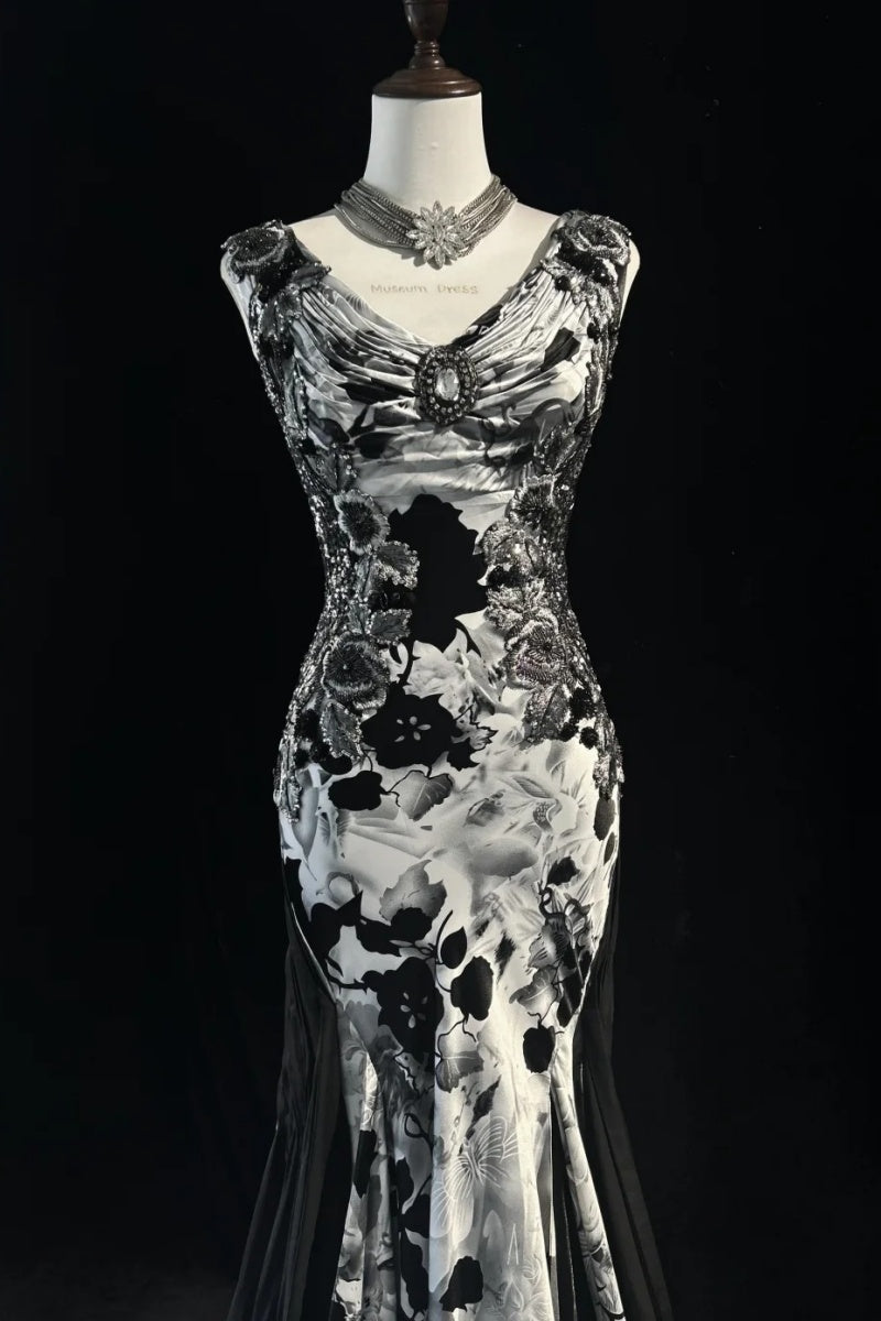 Vintage Black Floral Prom Dress V-neck Chiffon Sheath Evening Dress ED06777